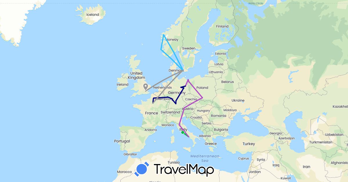 TravelMap itinerary: driving, bus, plane, train, boat in Austria, Germany, Denmark, France, United Kingdom, Italy, Norway, Poland (Europe)
